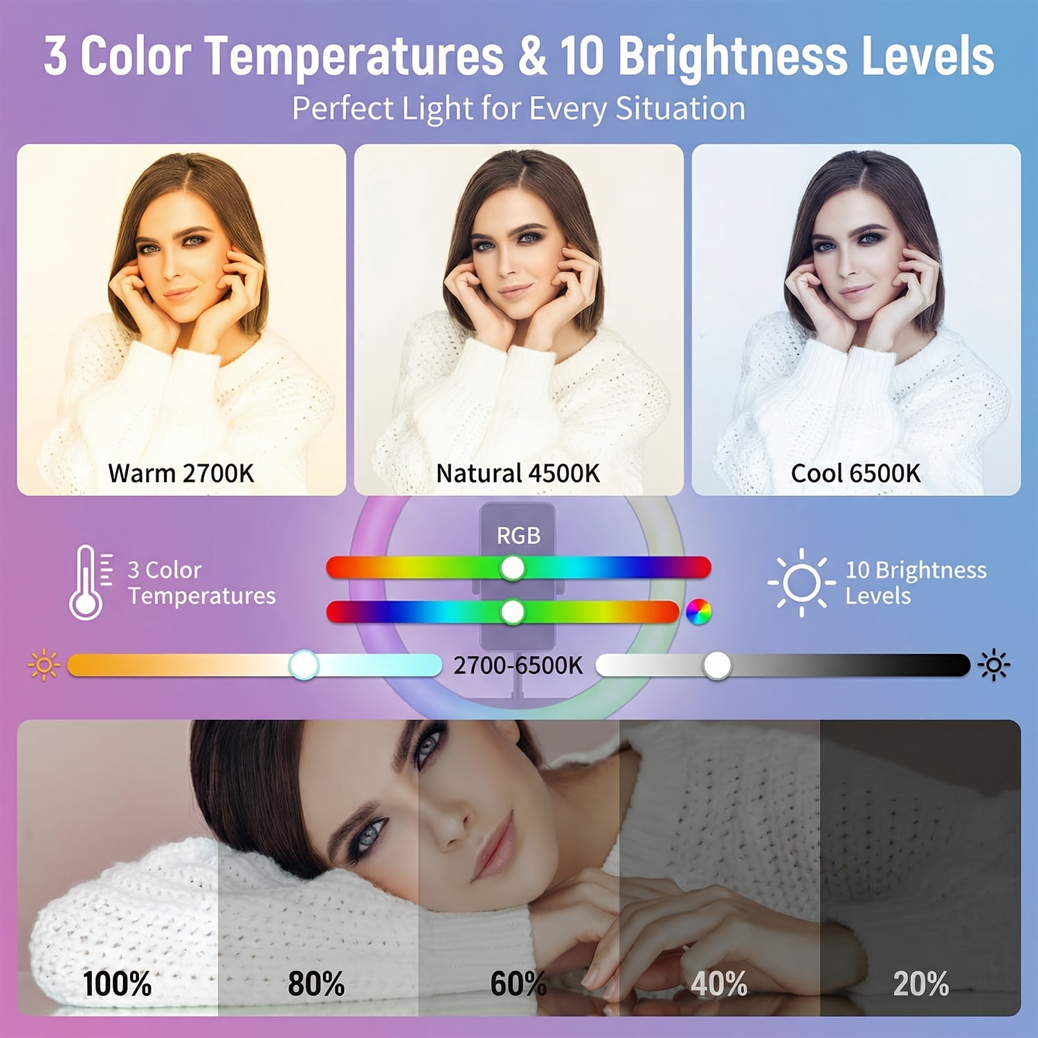 12" Ring Light with Stand, 63.3" Tall, Phone Holder, 3 CCT & RGB Modes, Adjustable LED Tripod for Makeup, Streaming, Photography, TikTok