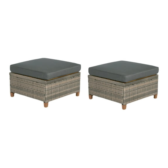 Thy-Hom 2 Piece Patio Solid Wood Ottoman Set of 2 Outdoor Wicker Footstool w/ Acacia Wood Legs Removable Gray Cushions Multipurpose Furniture