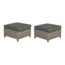 Thy-Hom 2 Piece Patio Solid Wood Ottoman Set of 2 Outdoor Wicker Footstool w/ Acacia Wood Legs Removable Gray Cushions Multipurpose Furniture
