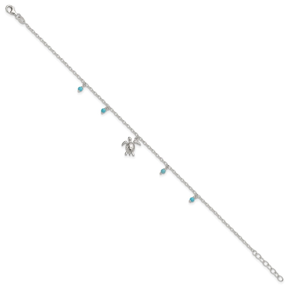 Sterling Silver Polished Turtle with Turquoise Beads 9 inch with 1 inch Extension Anklet