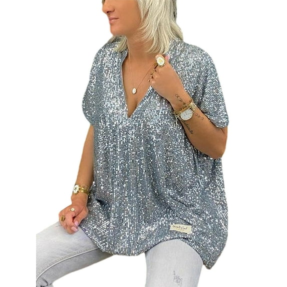 Wrcnote Ladies T Shirt Sequin Summer Tops V Neck T-shirt Dailywear Loose Tunic Blouse Short Sleeve Pullover Gray XL