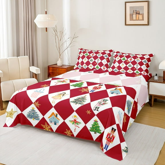 Manfei Christmas Nutcracker Twin Sheet Sets for Kid, Dreamy Princess Fairy Twin Fitted Sheet, Retro Red Plaid Flat Sheet, Luxury Bedroom Decor, 3 Pieces