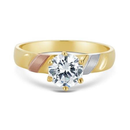 14K Tri Color Solid Gold 1 Ct. Round Cut Solitaire Cubic Zirconia CZ Wedding - ENGAGEMENT RING ONLY - size 8.5