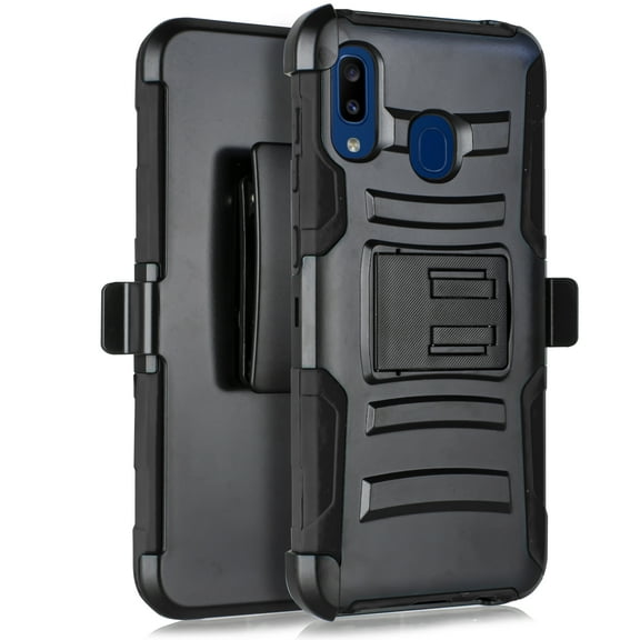 for Samsung Galaxy A20 A30 A50 Case Shock Absorption Shockproof Kickstand Armor Case with Belt Swivel Clip Holster Cover (Black) - Free Temper Glass Screen Included