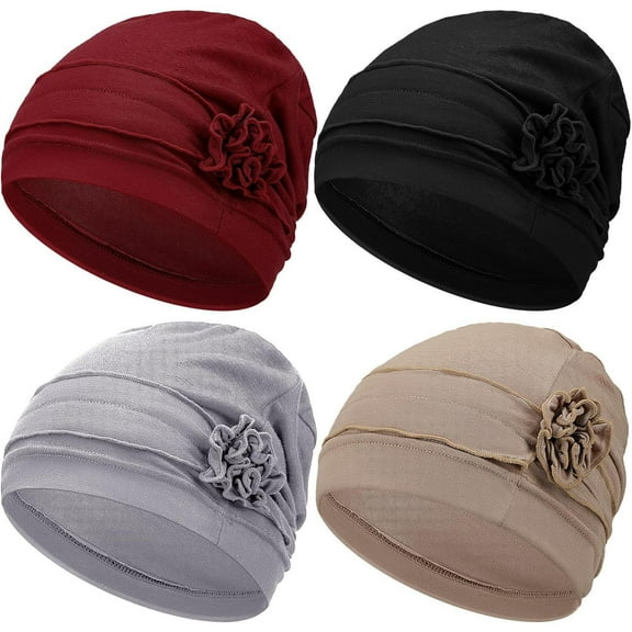 4 Pack Silk Cotton Panhua Base Hat Soft Brimless Hat Women Slouchy Beanie Flower Chemo Hats Fashion Accessories