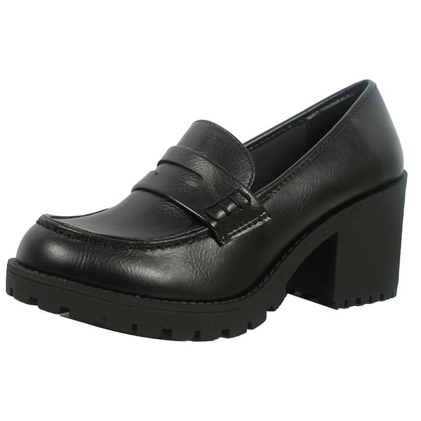 Soda Women's Faux Leather Penny Loafer Lug Heel Slip On Shoes, Black, 6 ...