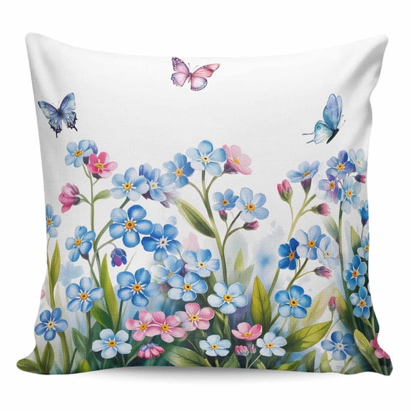 Throw Pillow Covers 18x18 Inch, Blue Spring Floral Decorative Pillow Cases for Couch Sofa Bed, Pink Flowers Butterfly Pastoral Cotton Linen Square Home Decor Pillowcases with Hidden Zipper