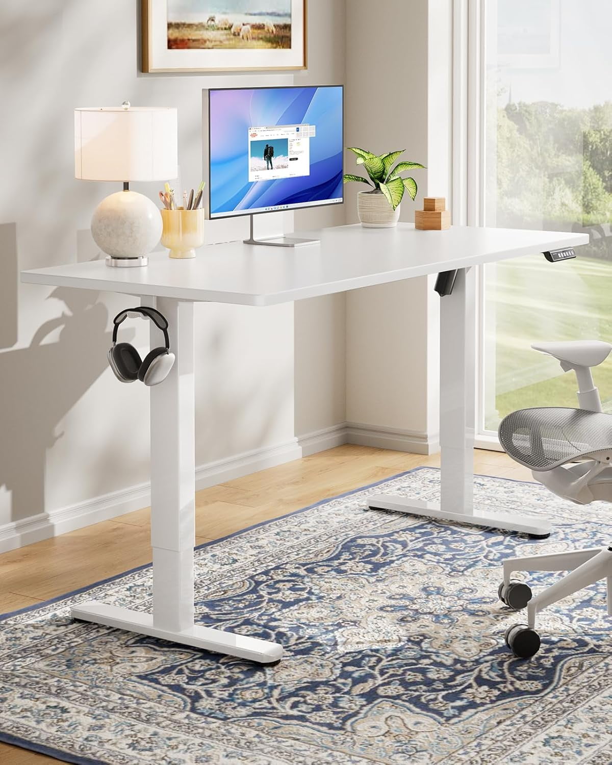 Kyspho One Piece Electric Standing Desk, 48" x 24" Height Adjustable Computer Desk with 4 Height Memory Settings, Sit Stand up Desk for Home Office, White