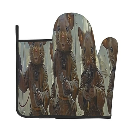 

Jgfou Steampunk Space Mice Warriors Pattern Oven Mitts and Pot Holders Sets Heat Resistant Oven Mittens Soft Lining Extra Thicken Long Kitchen Cotton Oven Glove for Cooking