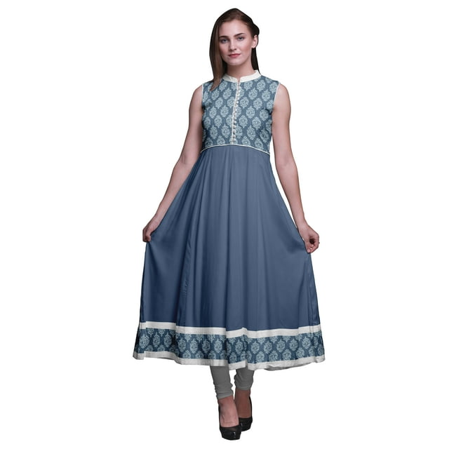 Bimba Robe Anarkali à Blocs Bleu Poussiéreux, Col Mandarin, Sans Manches, Kurtis pour Femmes, Robe Maxi à Imprimé, XX-Grand