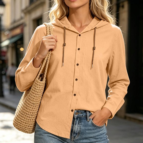 Ynynloco Women's 100%Cotton Hoodie Long Sleeve Jacket Button Drawstring Blouse Tops Casual Fall Winter Shirts