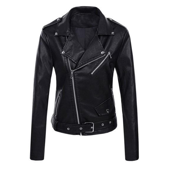 IROINID Women's Short Faux Leather Jacket Notch Lapel Solid Color Long Sleeve Jacket Zipper Pocket Outerwear, Black