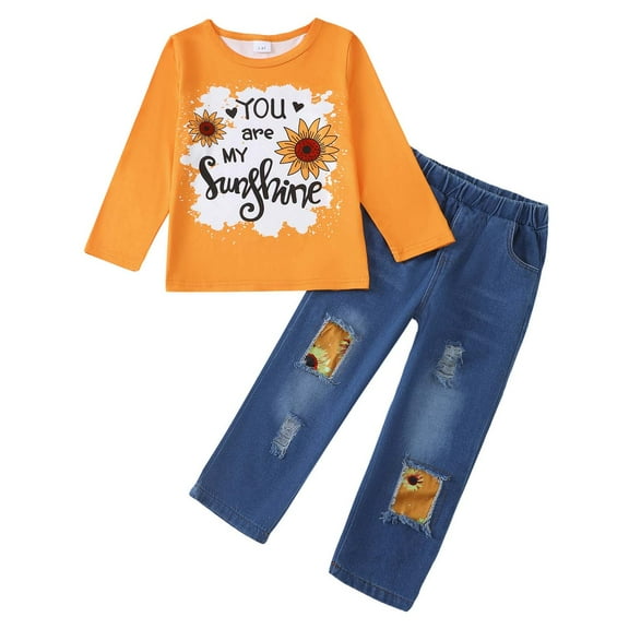 KIMI BEAR 4T Toddler Girls Winter Clothes 5T Kid Outfits Long Sleeves Sunflowers Print Pullover Top Ripped Denim Pants Sets 2pcs Casual Clothing Yellow
