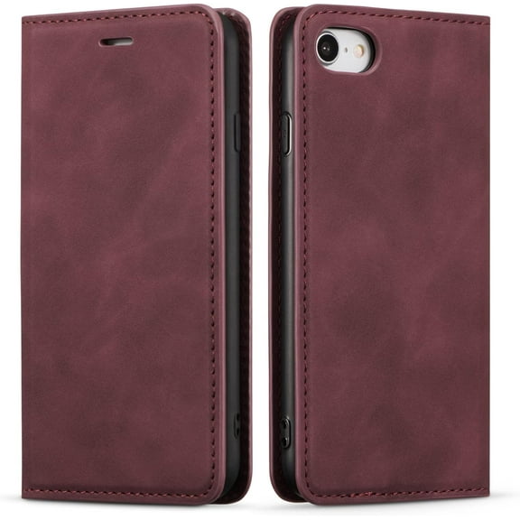 Case for iPhone SE(5G) 2022 iPhone 7 iPhone 8 iPhone SE 2020, Premium PU Leather Flip Folio Protective Case TPU Bumper with Kickstand Card Slot Holder Hidden Magnetic Closure Cover - Wine Red