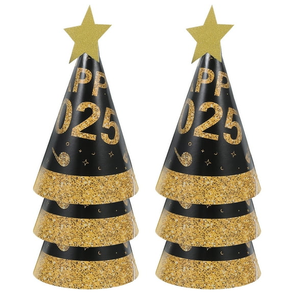 6 Pcs New Years Eve Party Hats 2025 Favors Black Gold Paper Child