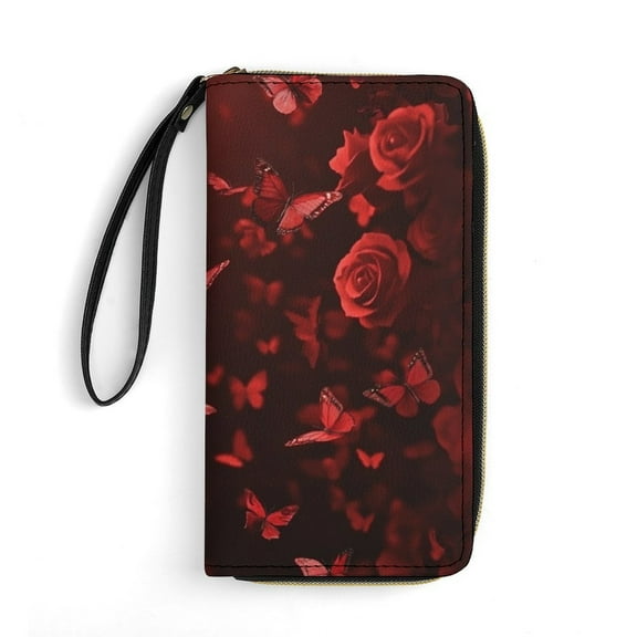 Womens Wallet Bifold Ladies Cluth Bag Wristlet Wrist Strap Long Purse Red Rose Butterflies Design