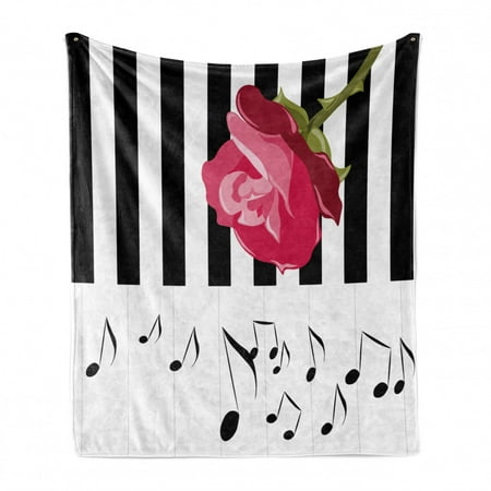 

Modern Soft Flannel Fleece Throw Blanket Hand Drawn Red Rose on Piano with Musical Notes Romantic Instrumental Art Cozy Plush for Indoor and Outdoor Use 50 x 70 Pink Black White by Ambesonne