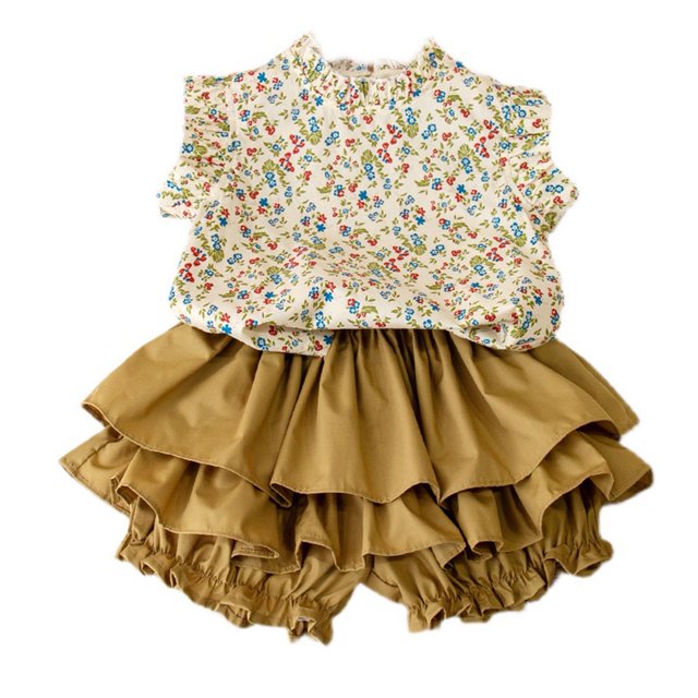 Conjuntos de dos piezas para niños, Top sin mangas, falda con brotes, pantalones cortos, camisa con estampado de flores de verano, conjunto de pantalones cortos, talla 120