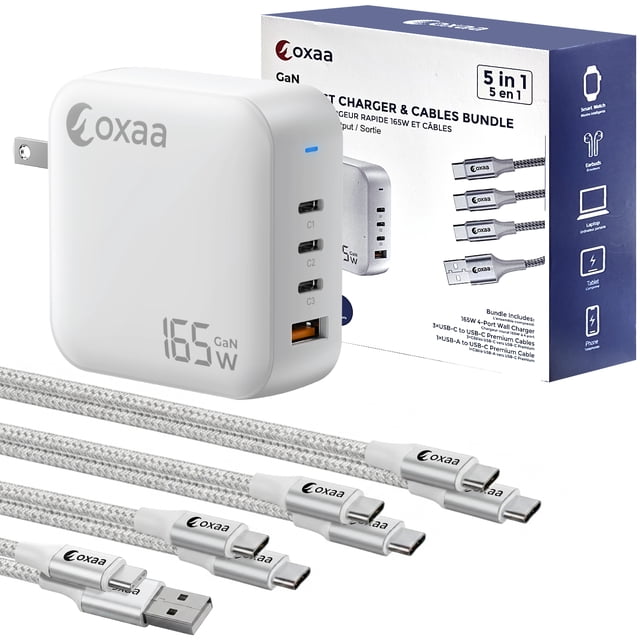 OXAA USB GaN Fast Charging Bundle – 3 PD 3.0 USB-C Ports & 1 USB-A Port with 3 USB-C to C and 1 USB-A to C Premium Cable, High-Speed Multi-Device Charger for iOS & Android Devices, Laptops & Tablets