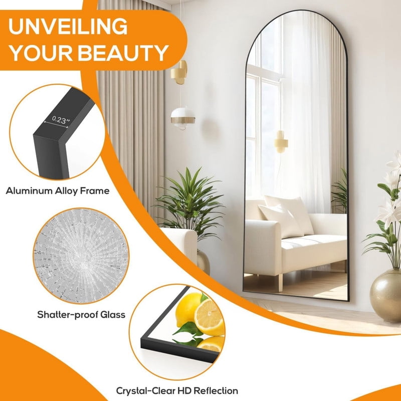 Gleamira 64"x21" Arch Full Length Mirror Wall Hanging or Floor Mirror with Aluminum Alloy Frame, Black