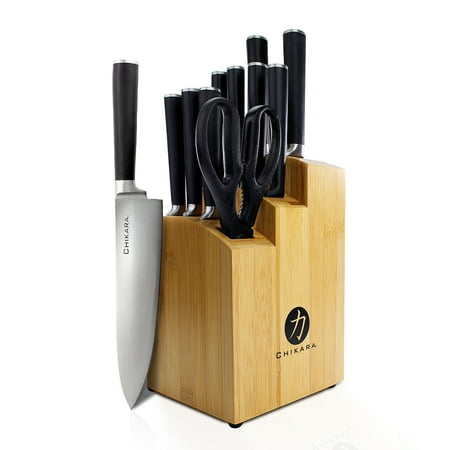 - Ginsu Gourmet Chikara Series Forged 12-Piece Japanese Steel Knife Set – Cutlery Set with 420J Stainless Steel Kitchen Knives – Bamboo Finish Block, COK-KB-DS-012-1