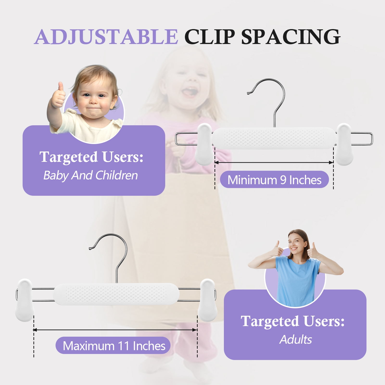Allhall 30 Pack Plastic Pant Skirt Hangers with Clips,  Non-Slip with 360° Swivel Hook, Frosted Embossing Shorts Hanger for Kids, Baby, Children, Toddler, Women