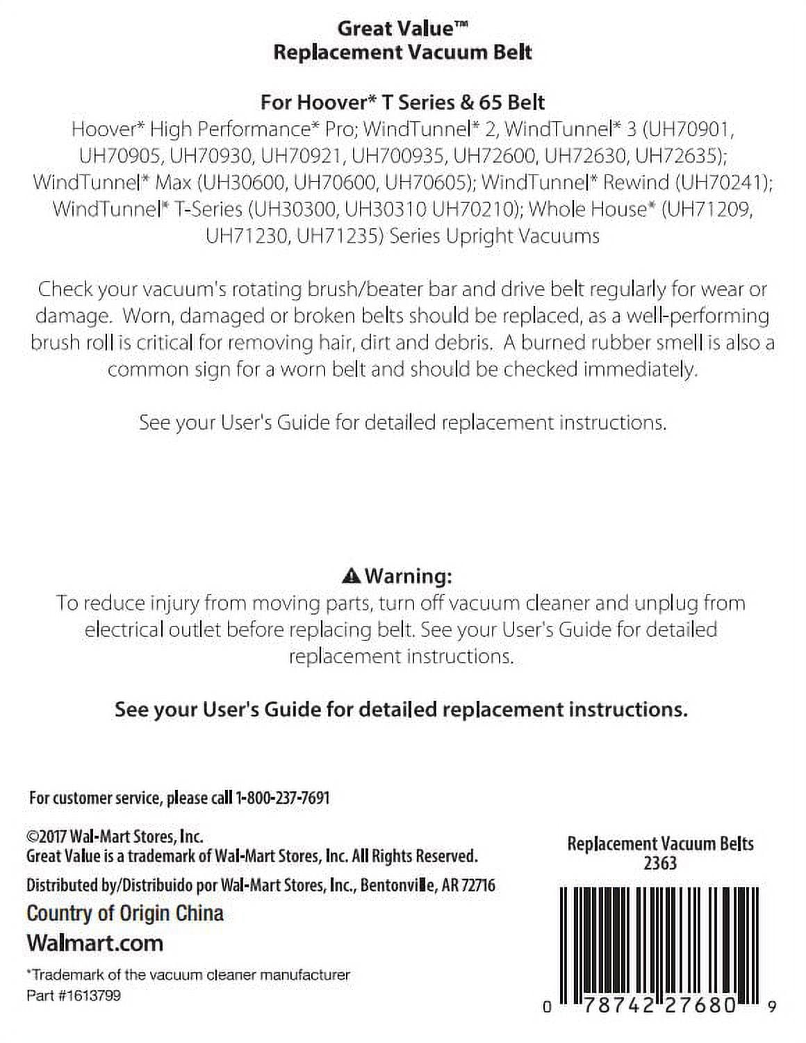 Great Value Replacement Vacuum Belts, For Hoover T-Series & 65 Belt, 2 Count
