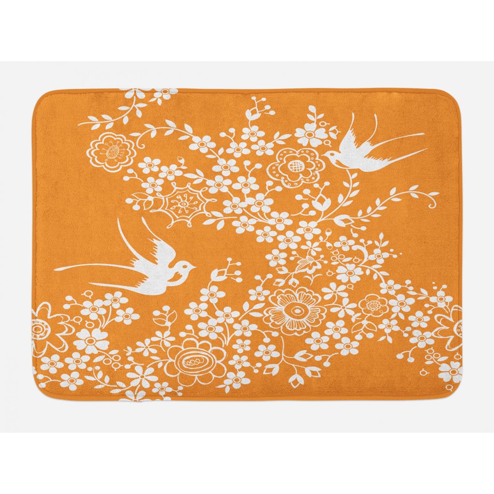 Japanese Bath Mat, Oriental Floral Japanese Style Flying Birds Asia