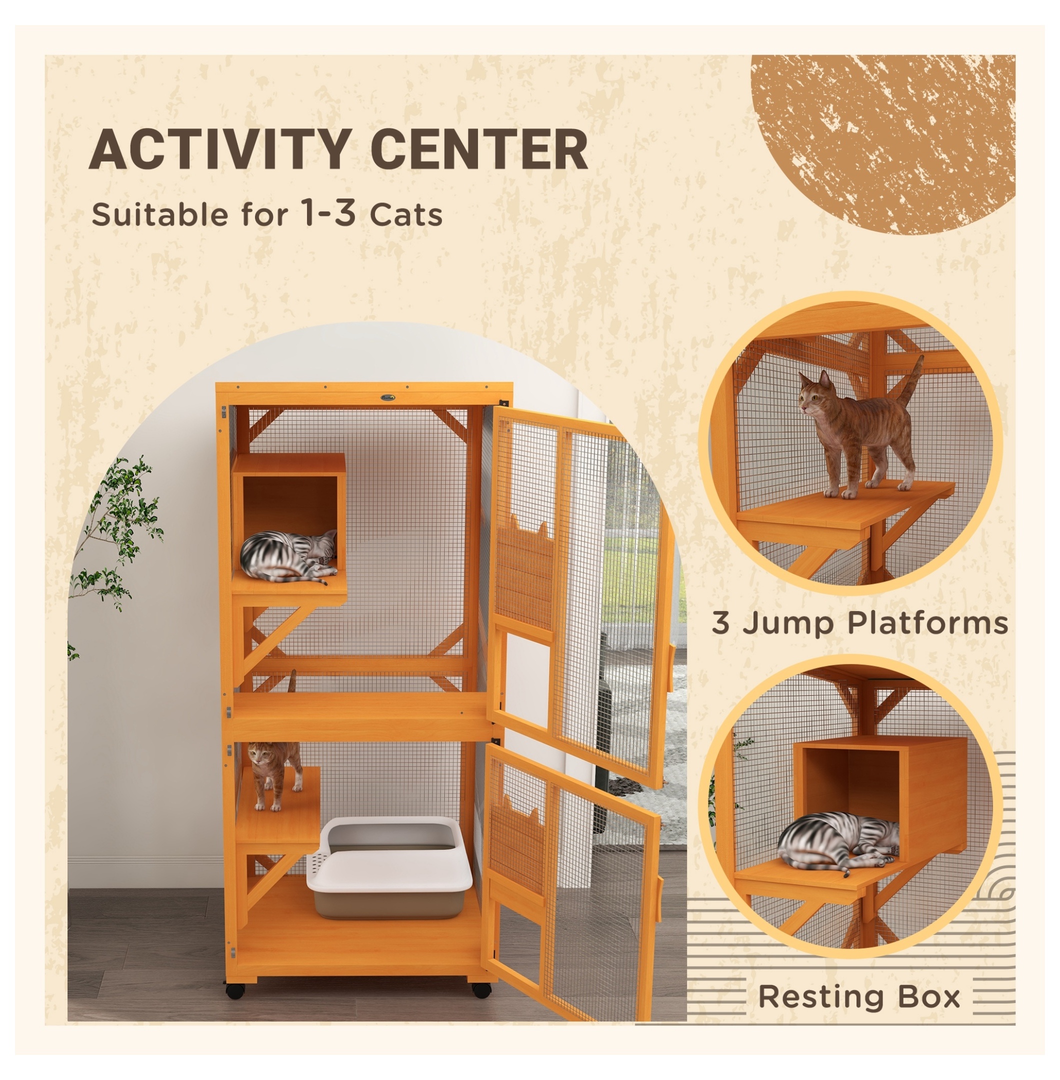 Cat House Outdoor Indoor, 71" Wooden Catio Enclosure, Large Cat Condo with Asphalt Roof & Wheels, for 1-3 Cats - Orange