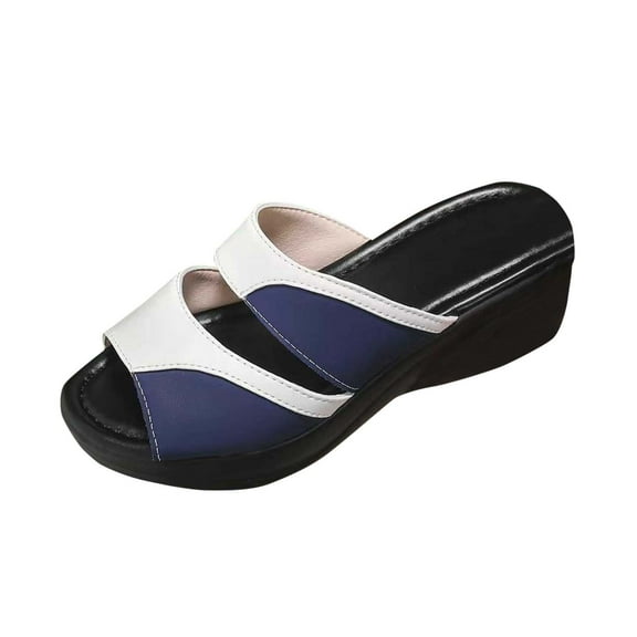 Xfvqtps Slide Sandals for Women Wedge Sandals Peep Toe Double Straps Color Block Leather Summer High Heel Sandals Blue