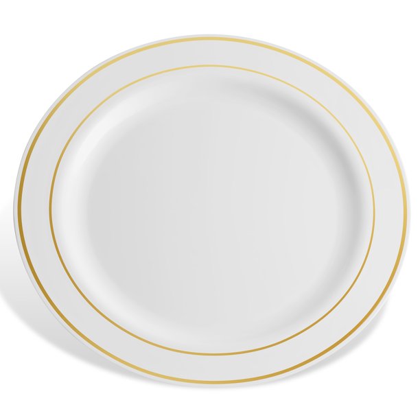 Host & Porter Gold Rim Plastic Dinner Plates, 10.25", 10 Count