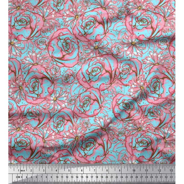 Soimoi Crepe Silk Fabric Dot & Rose Floral Decor Fabric Printed Yard 42 Inch Wide