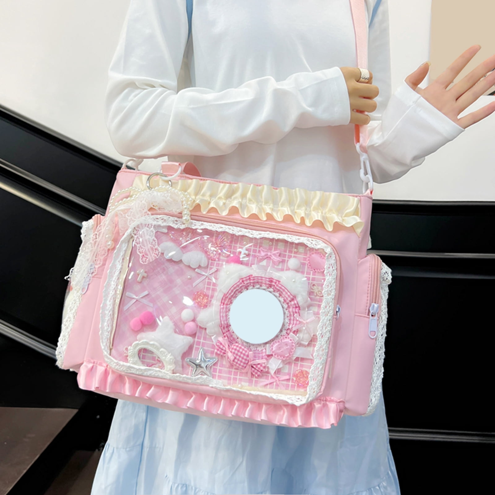HUISZJ Transparent Square Ita Bag, Lolita Messenger Bag with Zipper & Pendant, DIY Badge Crossbody Bag Student Tote Bag for Shopping Travel Work Daily (Pink)