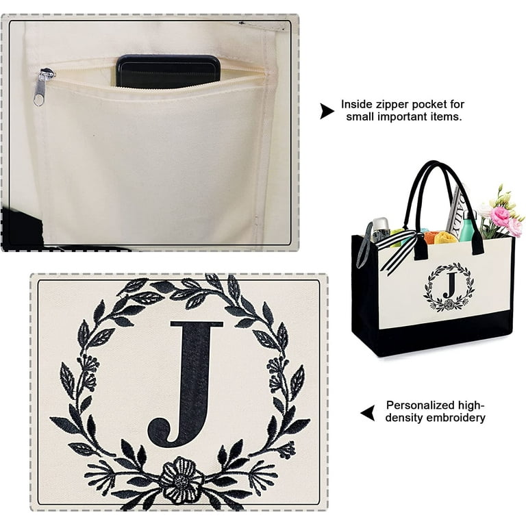 AUNOOL Embroidery Initial Canvas Bag with Zipper Pockets and Makeup Bag,  Tote Bags for School Personalized Teacher Gifts for Women, Bride to be  Gifts