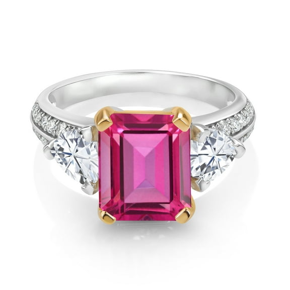 Gem Stone King 925 Sterling Silver and 10k Yellow Gold Pure Pink Mystic Topaz and White Moissanite 3 Stone Engagement Ring for Women (5.13 Cttw, Octagon Cut 10X8MM, Size 6)