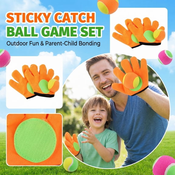 Sticky Catch Ball Game Set, Orange Fuzzy Toss and Catch Gloves with 2 Balls, Outdoor Sports Toy for Kids and Adults, Backyard & Lawn Fun
