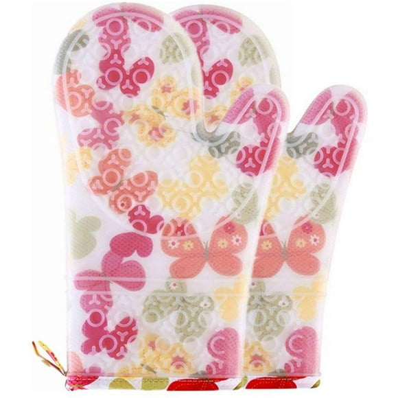 GOGEU Oven Mitts Silicone and Cotton Double-Layer Heat Resistant Gloves,Oven Mitts with Non-Slip Clear Silicone Shell, Cute Kitchen Microwave Gloves for BBQ Baking Cooking