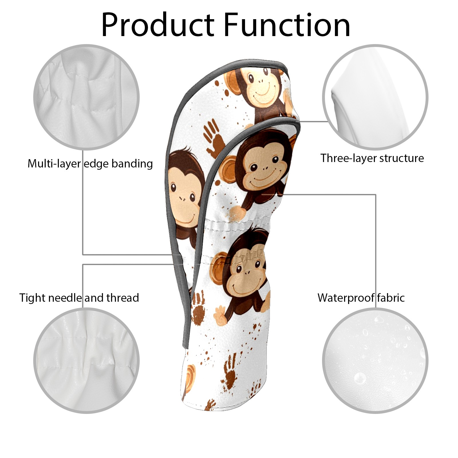 Golf Head Covers Monkey Handprint Pattern for Driver, Wood & Hybrid, Premium Waterproof PU Leather with Plush Lining, Playful Animal Golf Gifts