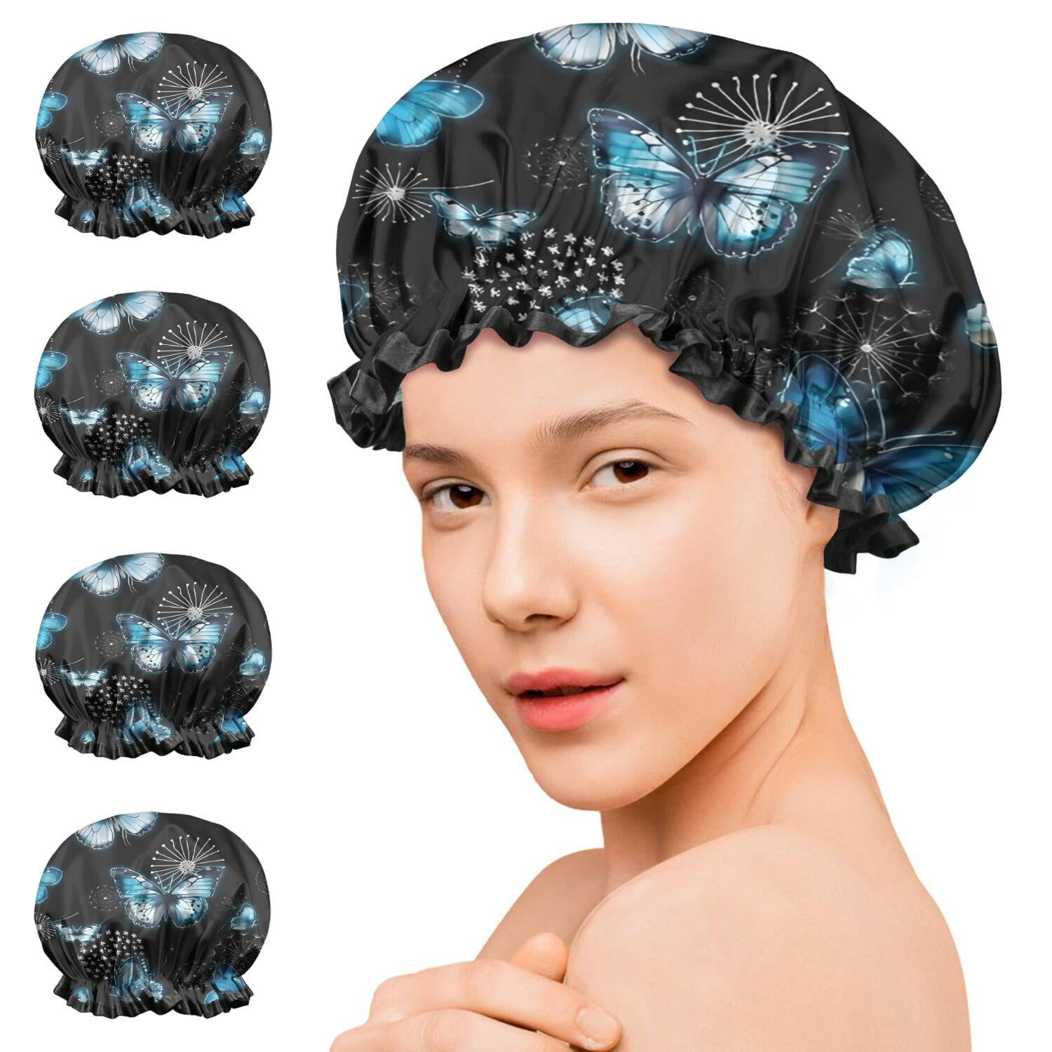 Shower Caps,Black Blue Butterfly Dandelion Pattern Waterproof Shower Cap for Women 4 Pieces,Double Reusable Hair Cover for Shower PEVA Elastic Stretch Hem