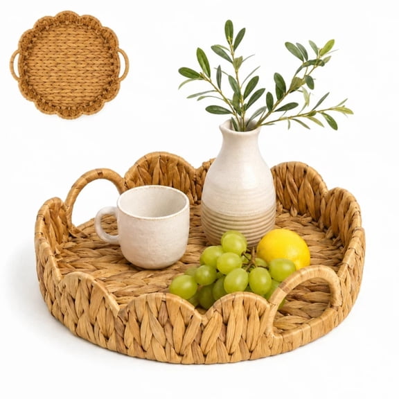 RYLZX 13in Scalloped Round Wicker Rattan Water Hyacinth Serving Tray with Handles