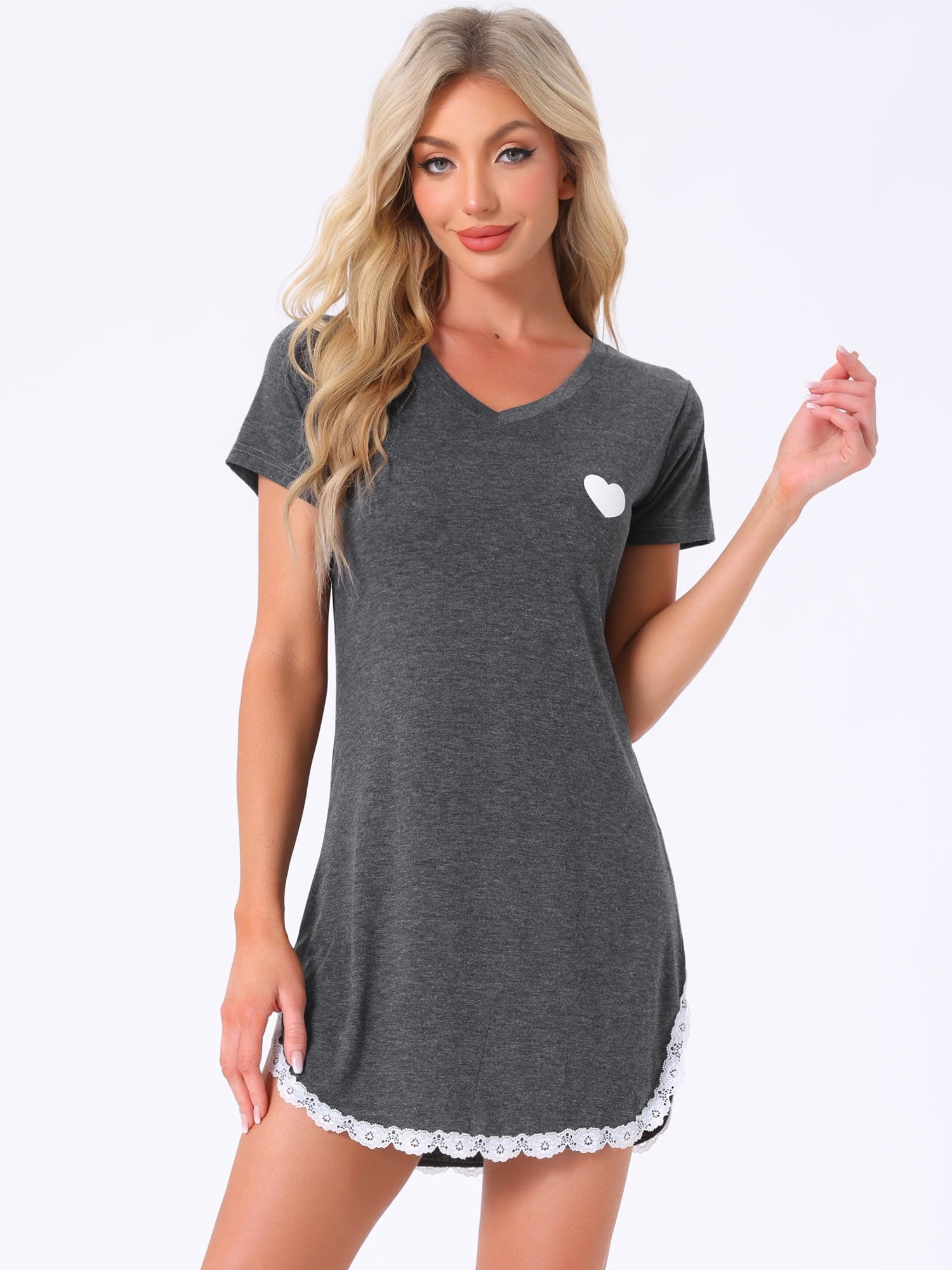 DARING DIVA Women's Lace Trim V-Neck Short Sleeves Lounge Nightgowns L DeepGrey