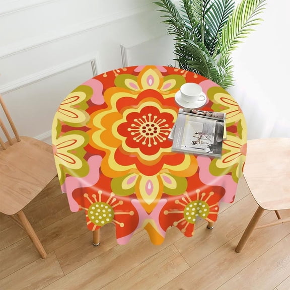 RKSupls 60 Inch Round Tablecloth, Psychedelic Flower Mandala Pattern Premium Polyester Straight Edge Wrinkle Resistant Washable Table Cover for Party Home Dining Decor