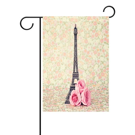 Outdoor Eiffel Tower POPCreation Pink Rose Paris Eiffel Tower Garden Flag Flower Print France Outdoor Flag Home Party 28x40 inches ()