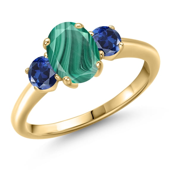 Gem Stone King 10K Yellow Gold Green Malachite and Blue Created Sapphire Engagement Ring for Women | 2.50 Cttw | Oval 8X6MM | Gemstone Birthstone | Size 5