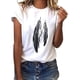 thumbnail image 1 of Camiseta de mujer con estampado de plumas, manga corta, informal, holgada, color blanco, L, 1 of 5