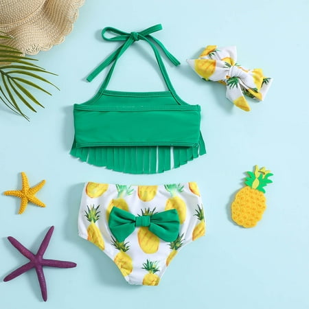 

Gubotare Summer Toddler Girls Bowknot Pineapple Prints Tassel Three Piece Swimwear Swimsuit Bikini Long Sleeve Swimsuit Girls Green 9-12 Months