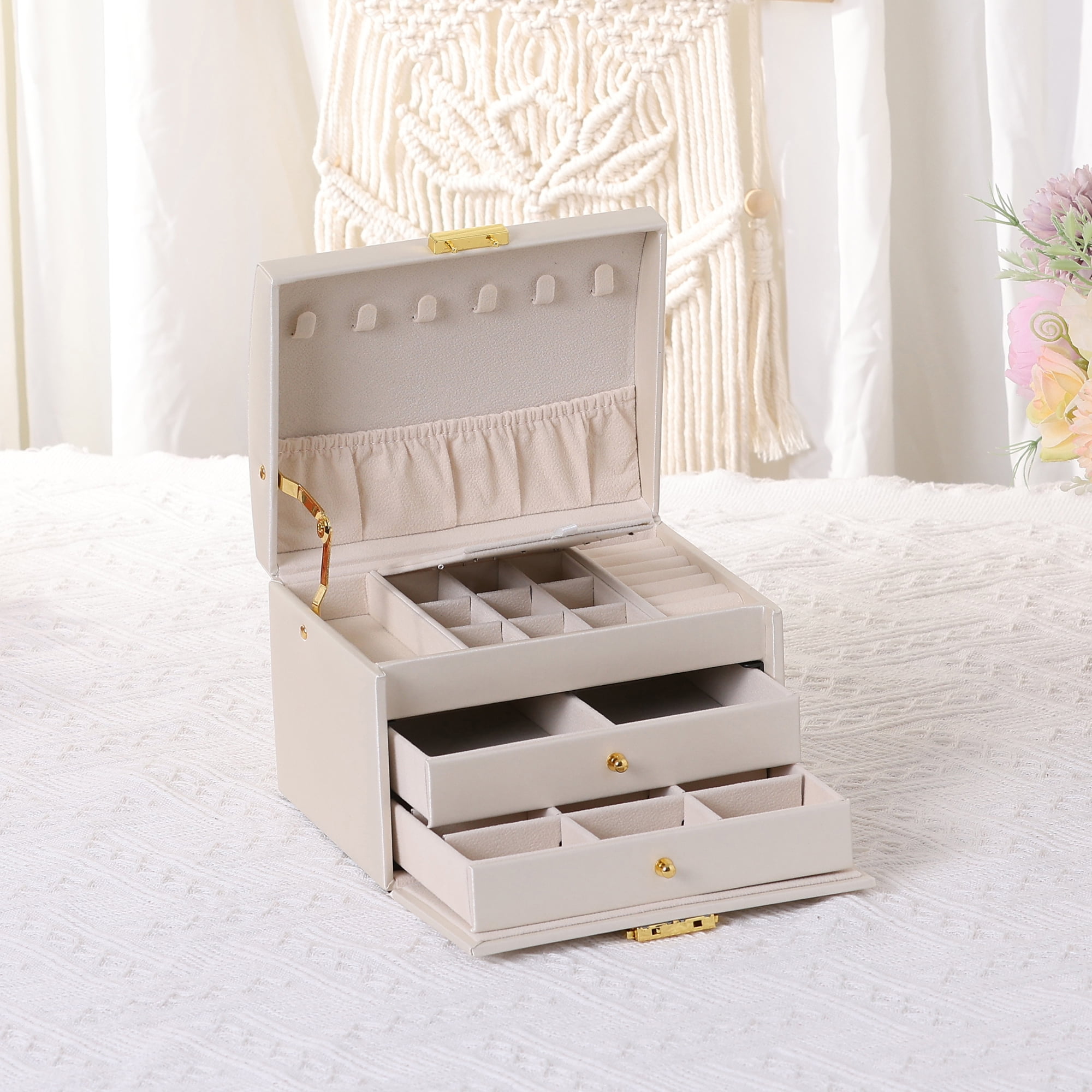 Unique Bargains 3 Layer Jewelry Box PU Leather Jewelry Organizer Case with Drawer White