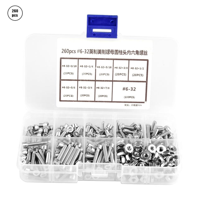 Oubit Écrous, 260 Pcs/ensemble 6-32 Vis d'Assortiment en Acier Inoxydable Intégration Sans Couture