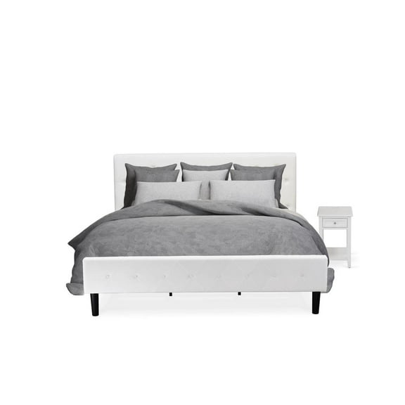 East West Furniture NL19K-1DE05 2 Pc King Bed Set - 1 Platform Bed White Velvet Fabric Headboard and 1 Small Nightstand - White Finish Nightstand