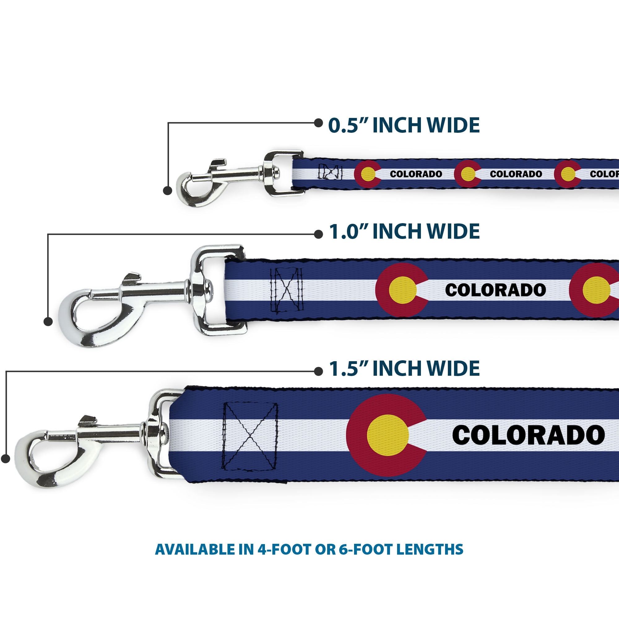 Buckle-Down Pet Leash, Dog Leash, Colorado Text Flag Blue White Red Yellow, 6 Feet Long 1.0 Inch Wide